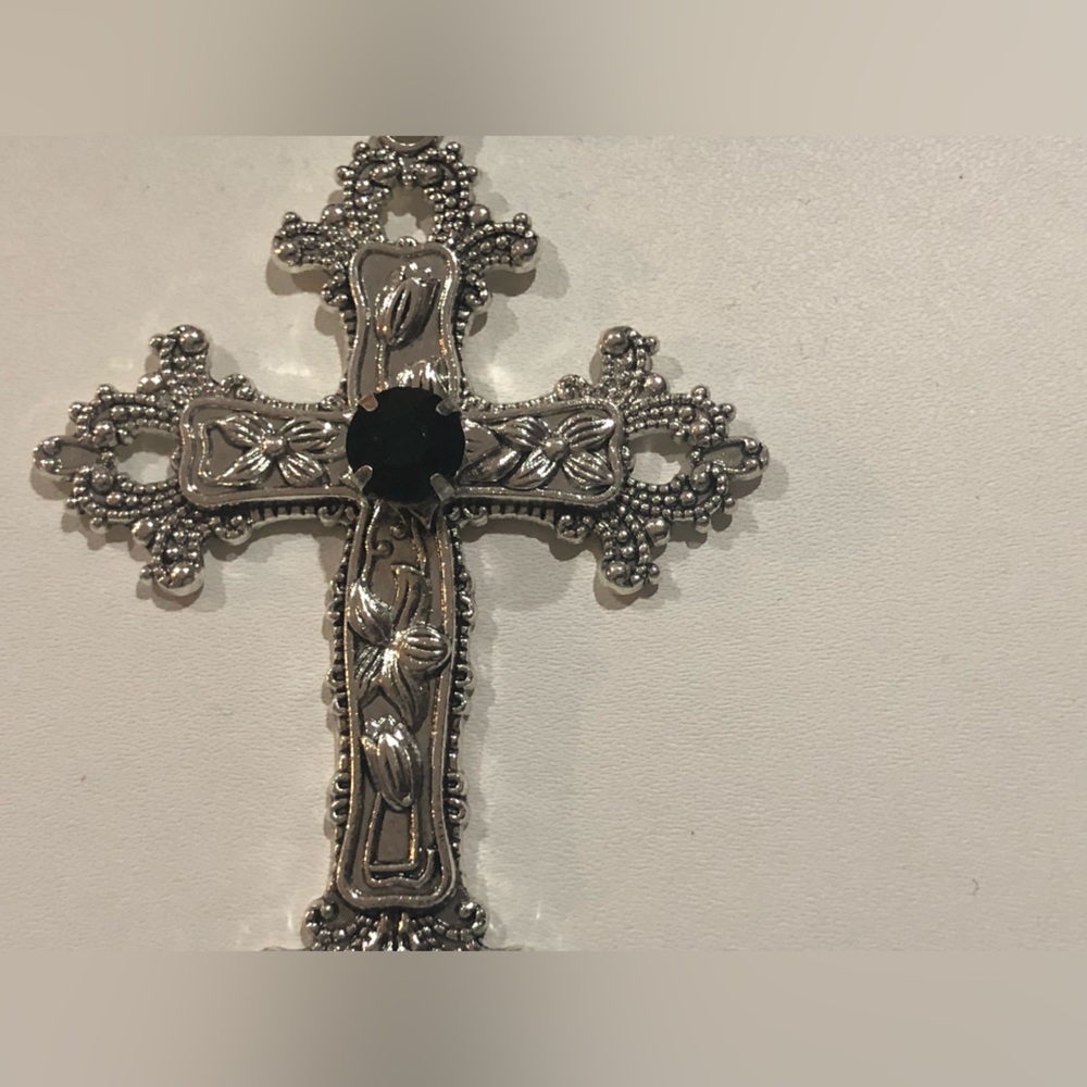 Black velvet strap black onyx look silver cross 13”‎ goth mystical choker new - Picture 7 of 10